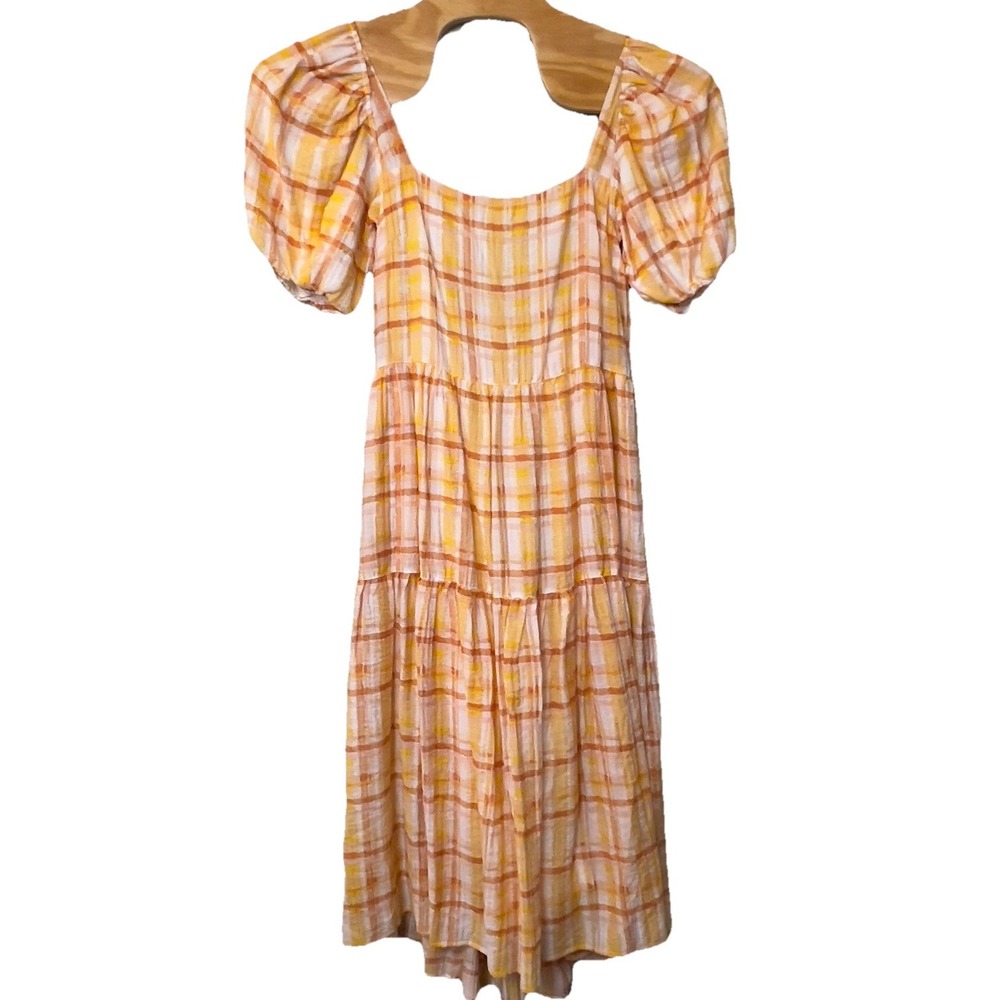 ASTR Llana Orange Yellow Plaid Tiered Midi Dress Puff‎ Sleeve Large Boho Cottage
